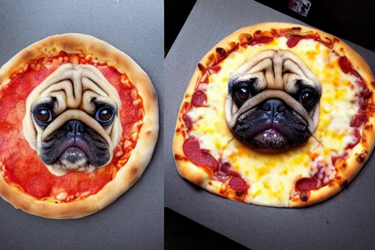 Prompt: a pizza that looks like a pug