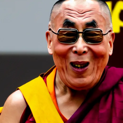 Prompt: furious screaming dalai lama punches the camera