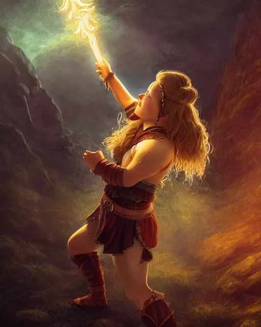 Image similar to full body portrait of a female halfling hobbit monk fistfighter, hallucinating a holy vision of her goddess of mist and light, flowing robes and leather armor, detailed dynamic light painting by albrecht anker