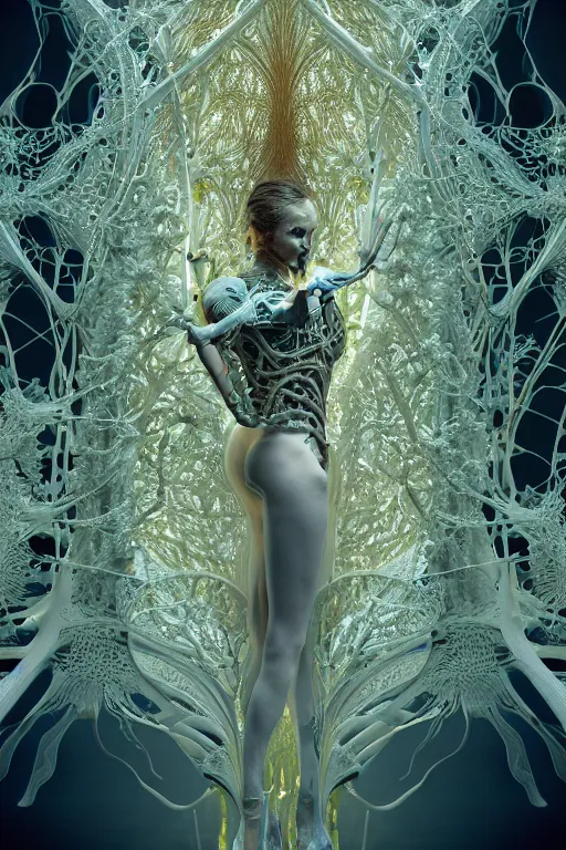 Image similar to intricate hyper detailed ultra sharp 3 d render, unity of mood, biomechanical cyborg ladies dancing, atmospheric, foliage, fractal, flowing, white large pore fungi, cyberpunk art nouveau, haute couture alexander mcqueen leaves stems dahlia blooming transparent fractal filigree roots, intricate details, octane render, volumetric cinematic lighting, natural beautiful light, yellow infrared, lumiol, 8 k,