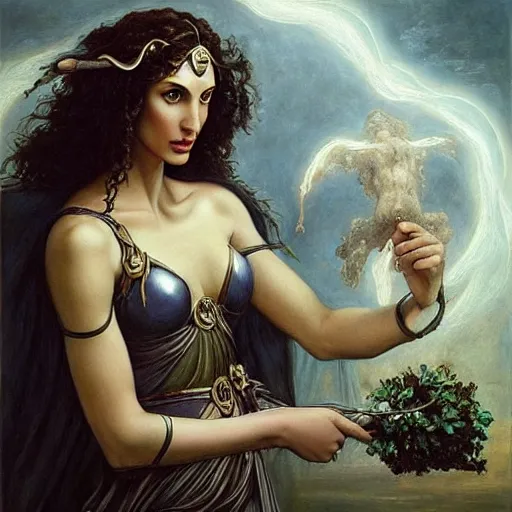 Image similar to Full body oil painting of the beautiful goddess Gal Gadot as Persephone, she is wearing roman clothes and a surreal jewelry, her hair is natural disheveled, she is approaching heaven over the clouds, naturalism, dramatic lighting, high-detailed oil painting by Ilya Repin, Michelangelo da Caravaggio, William Blake, Alex Grey and Beksinski, trending on Artsation, hystorical painting, naturalism, masterpiece, 4k, 8k,