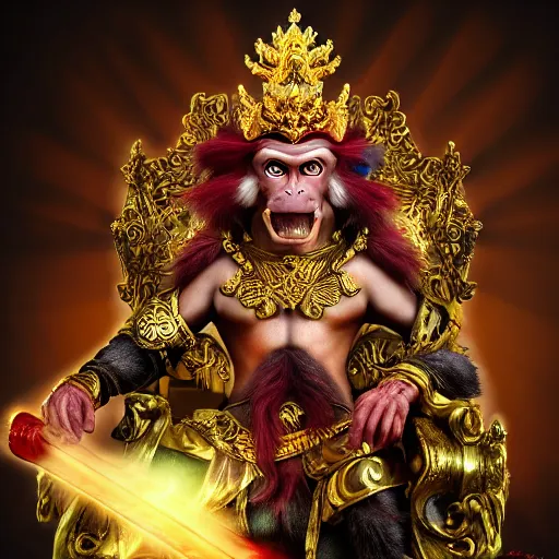 Image similar to monkey king godly lord of monkeys, wearing a crown, holding a staff, sitting in throne, dark lighting, dim lightning, red eyes, gothic dark style 8 k render high detail