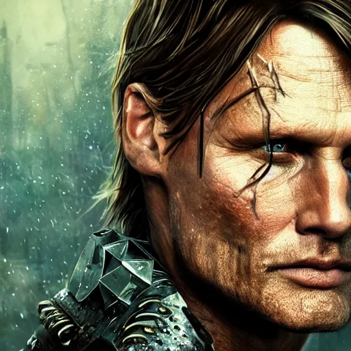 Image similar to viggo mortensen portrait, dystopia core, apocalyptic, armor, warrior, dramatic, sharp focus, fiction, neon, fantasy, hyper detailed, digital art, trending in artstation, cinematic lighting, studio quality, smooth render, unreal engine 5 rendered, octane rendered, art style and nixeu and wlop and krenz cushart