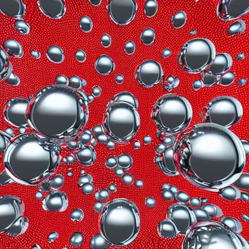 Prompt: chrome spheres on a red cube, lysergic