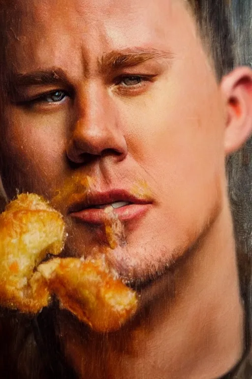 Prompt: channing tatum made out of a tater tot, oil on canvas, intricate, portrait, 8 k highly professionally detailed, hdr, cgsociety