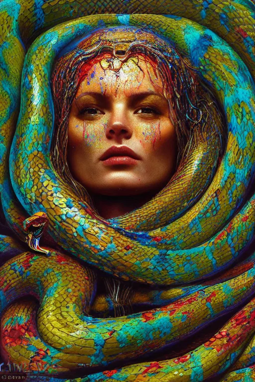 Prompt: an hiper intricate oil portrait of a beautifull snake godess surounded by melting colorfull wax drips, colorfull, excelent composition, wide shot, by zdzislaw beksinski, intricate, unreal engine 5 highly rendered, global illumination
