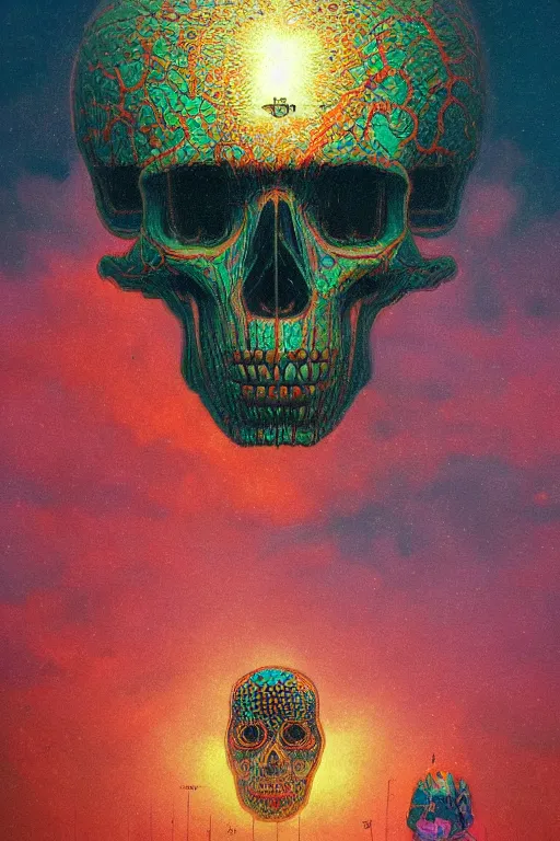 Image similar to 4K Indigenous cyberskull portrait inspired in beksinski and dan mumford work, remixed with Simon Stalenhag work, sitting on the cosmic cloudscape