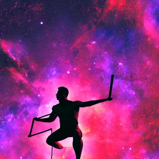 Image similar to athletic man doing a pullup using gymnastic rings, silhouette, long shot, in a cosmic nebula background, matte colors, dramatic digital art trending on artstation