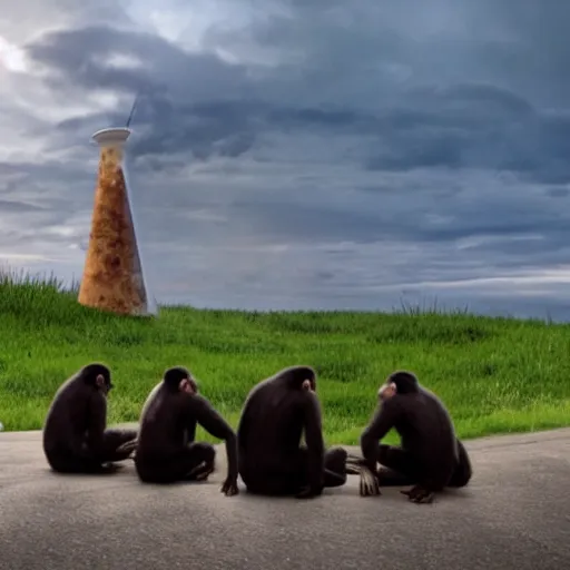 Image similar to apes sitting in a circle around a huge ice cream cone cinematic hdr realistic