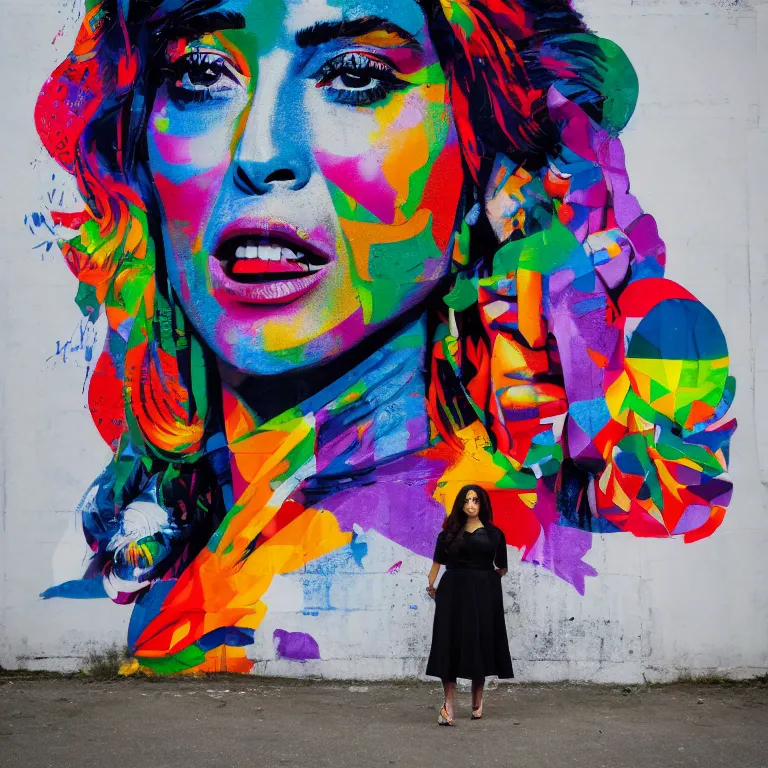 Prompt: Street-art mid-short portrait of Salma Hayek in style of Eduardo Kobra, photorealism, Sony a7R