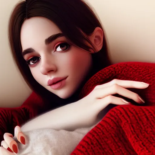 Image similar to portrait of a cute thin young woman, red blush, wearing casual clothes, small smile, relaxing on a couch, cozy under a blanket, cozy living room, close up shot, 8 k, octane render, trending on artstation, art by artgerm and irakli nadar,, hyperrealism, hyperdetailed, ultra realistic
