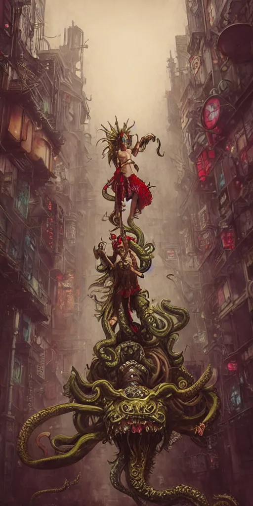 Image similar to hyper realistic Princess Mononoke attacking Cthulhu with a golden sword, ornate mask, wet market street, rainy atmosphere, cyberpunk metropolis, city landscape, jewels, full body pose, style of tom bagshaw, mucha, james gurney, norman rockwell, denoised, sharp