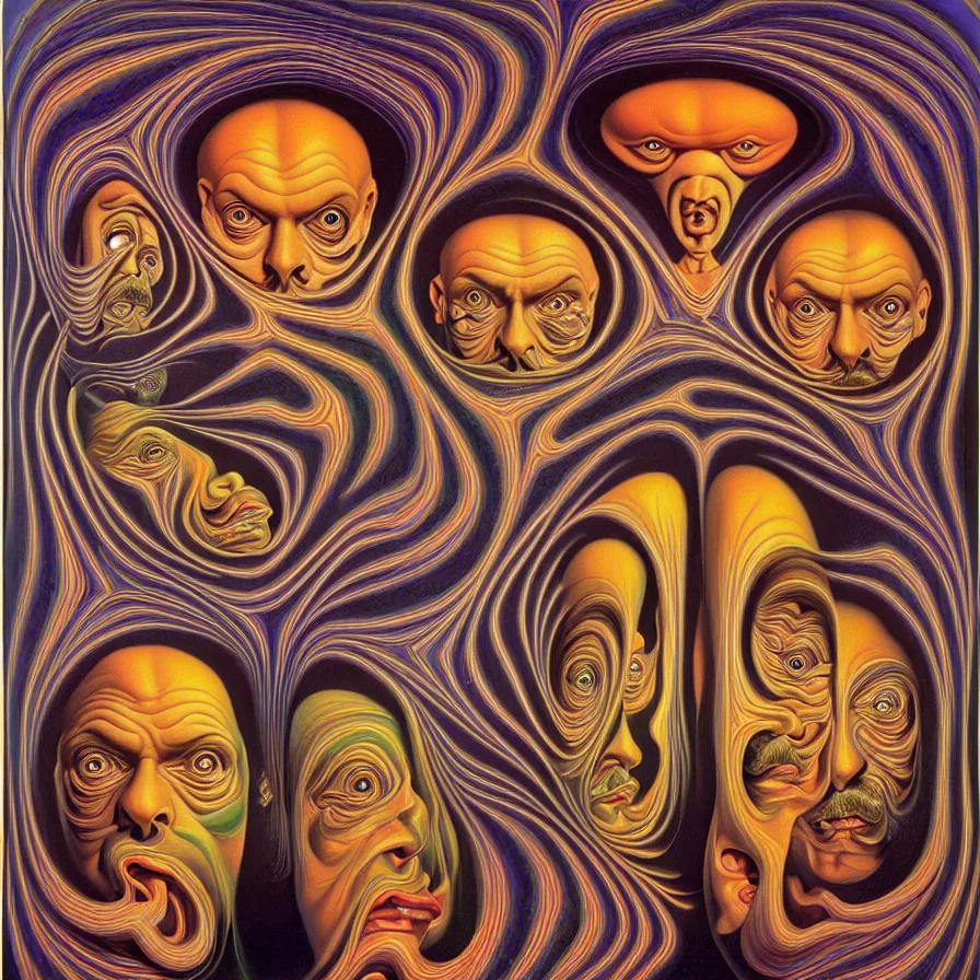 Image similar to infinite fractals of faces forming a single human face, recursion, surreal, by salvador dali and mc escher and alex grey, oil on canvas, weird, dreams, consciousness, strange loops, fantasy, intricate details, warm colors