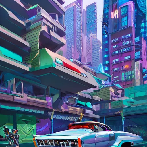 Prompt: swagger! lowrider culture, futuristic living large in the city by tyler edlin, bold colors, detailed, incredible lighting, great composition, artstation