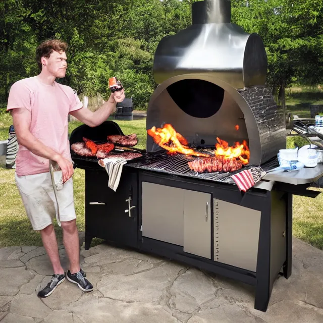 Prompt: a photograph of jerma 9 8 5 having a barbecue that consists of cement