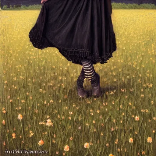 Image similar to a girl standing in a field, wearing black old dress and hat, by andrea kowch, andrea kowch style painting, dark, scene, magicrealism, flowers in background,