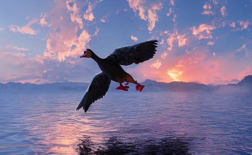 Image similar to Muscovy duck dancing on water, beautiful flowing fabric, sunset, dramatic angle, 8k hdr pixiv dslr photo by Makoto Shinkai and Wojtek Fus