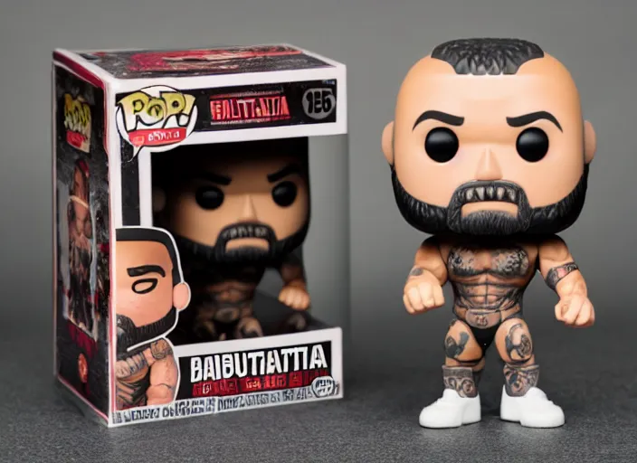 Image similar to product still of Dave Bautista funko pop with box, 85mm f1.8