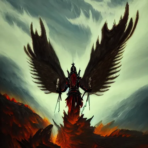 Prompt: painting of a fallen angel paladin with big burnt wings reaching the summit of a haunted mountain, sharp focus, award - winning, trending on artstation, masterpiece, highly detailed, intricate. art by johannes voss