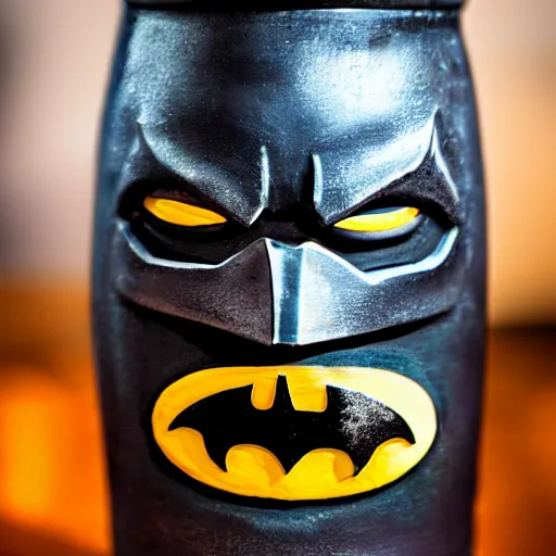 Image similar to a closeup photorealistic photograph of a batman style tiki mug sitting at a trader vic's beach bar featuring batman's face. tiki theme. tiki party. bright scene. fine detail. this 4 k hd image is trending on artstation, featured on behance, well - rendered, extra crisp, features intricate detail, epic composition and the style of unreal engine.