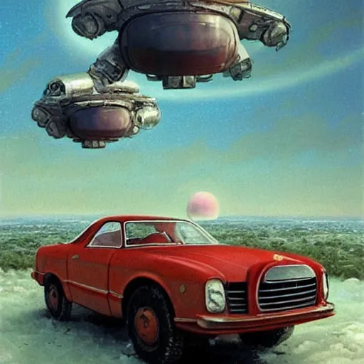 Prompt: ussr, soviet, car izh 2 1 2 5!!!, round headlights!!, as a realistic scifi spaceship!!!, floating in space, thrusters placed instead of wheels!!, wide angle shot art by donato giancola and greg rutkowski, vintage retro scifi, realistic space, digital art, trending on artstation, symmetry!!!