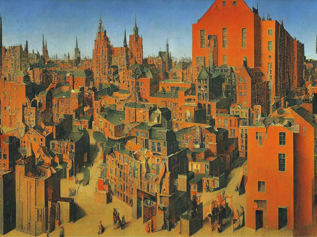 Image similar to The periphery, Communist neighborhood in the afternoon. Painting by Jan van Eyck, Rene Magritte, Jean Delville, Max Ernst, Beksinski