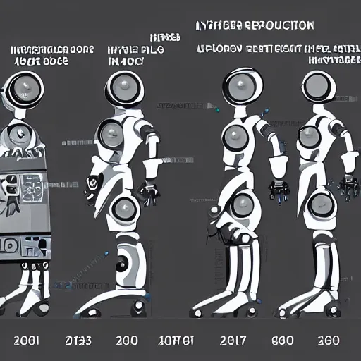 Image similar to an evolution diagram from left to right of robots, 8 k, hyper realistic.