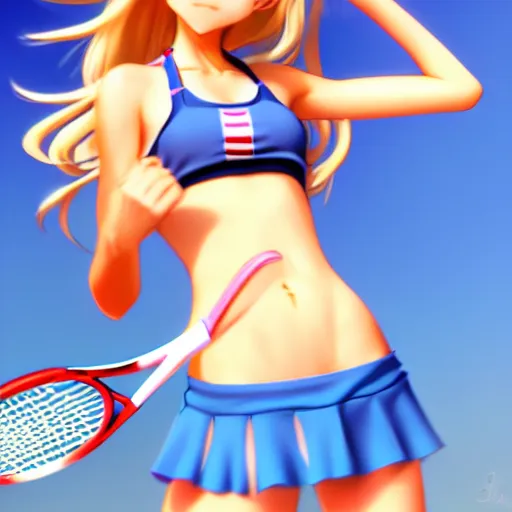 Prompt: a very beautiful young anime tennis girl, full body, long wavy blond hair, sky blue eyes, full round face, short smile, bikini, miniskirt, front view, mid - shot, highly detailed, cinematic wallpaper by stanley artgerm lau