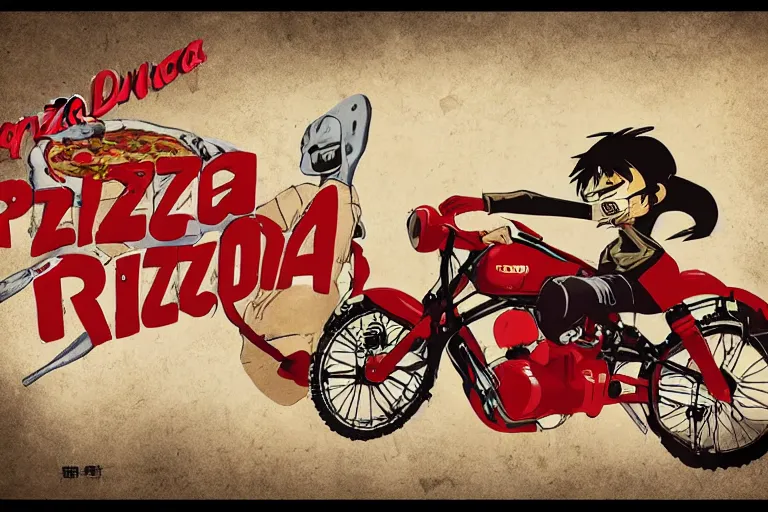 Image similar to pizza restaurant, akira's motorcycle, gorillaz, poster, 8k