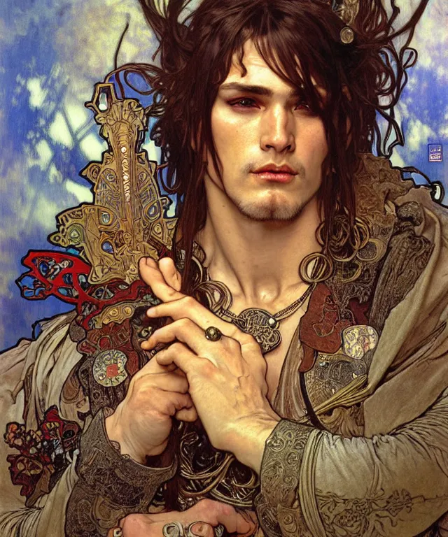 Prompt: realistic detailed face portrait of a rugged handsome beast shaman in ornate leather armor by alphonse mucha, ayami kojima, amano, greg hildebrandt, and mark brooks, male, masculine, art nouveau, neo - gothic, gothic, character concept design