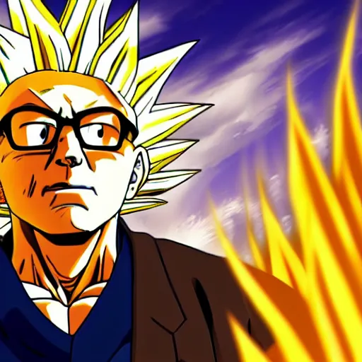 Image similar to portrait of Bernie Sanders from dragon ball z with glowing golden aura flying over a desert field, super saiyan 3, yellow spiky hair, digital art