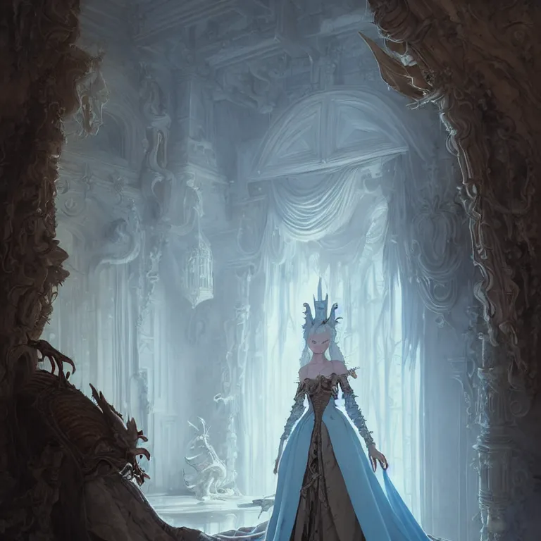 Image similar to portrait of a baroque princess dress from the fantasy world for the dragon queen atey gailan, greg rutkowski, greg tocchini, james gillard, joe fenton, kete butcher, dynamic lighting, gradient light blue, brown, light cream and white colors, grunge aesthetics, detailed and complex environment