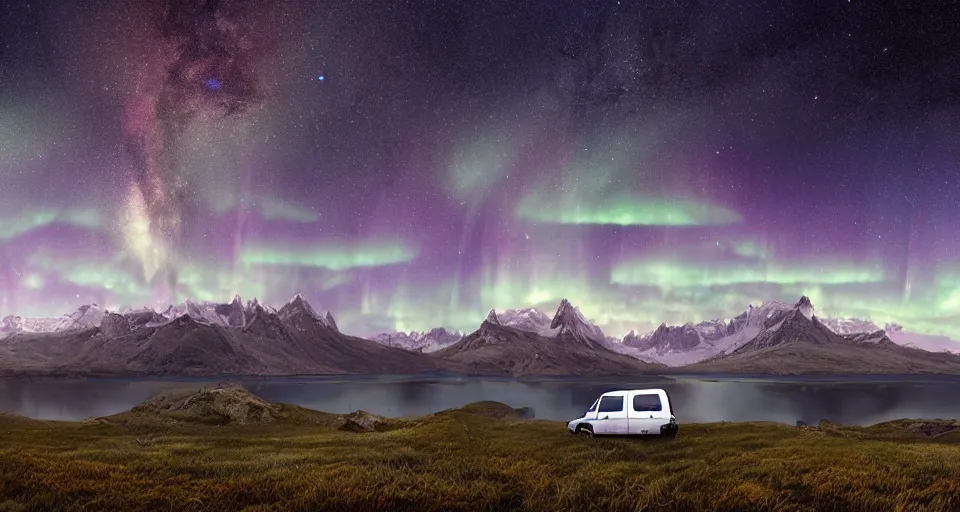 Image similar to An epic fantasy style landscape painting of a Mountainrange and a lake, with a starry sky with the milkyway and breathtaking aurora and a beige Volkswagen Caddy Campervan 4x4, a glacier is viewable in the distance, unreal 5, DAZ, hyperrealistic, octane render, volumetric clouds, dynamic lighting