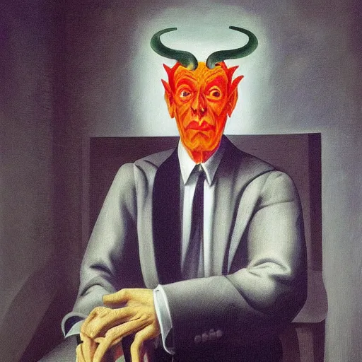 Prompt: satan, by Raphael Hopper, and Rene Magritte. Extremely Highly detailed, Occult, funny, humorous, ((funny)), humor, magical, trending on artstationHQ