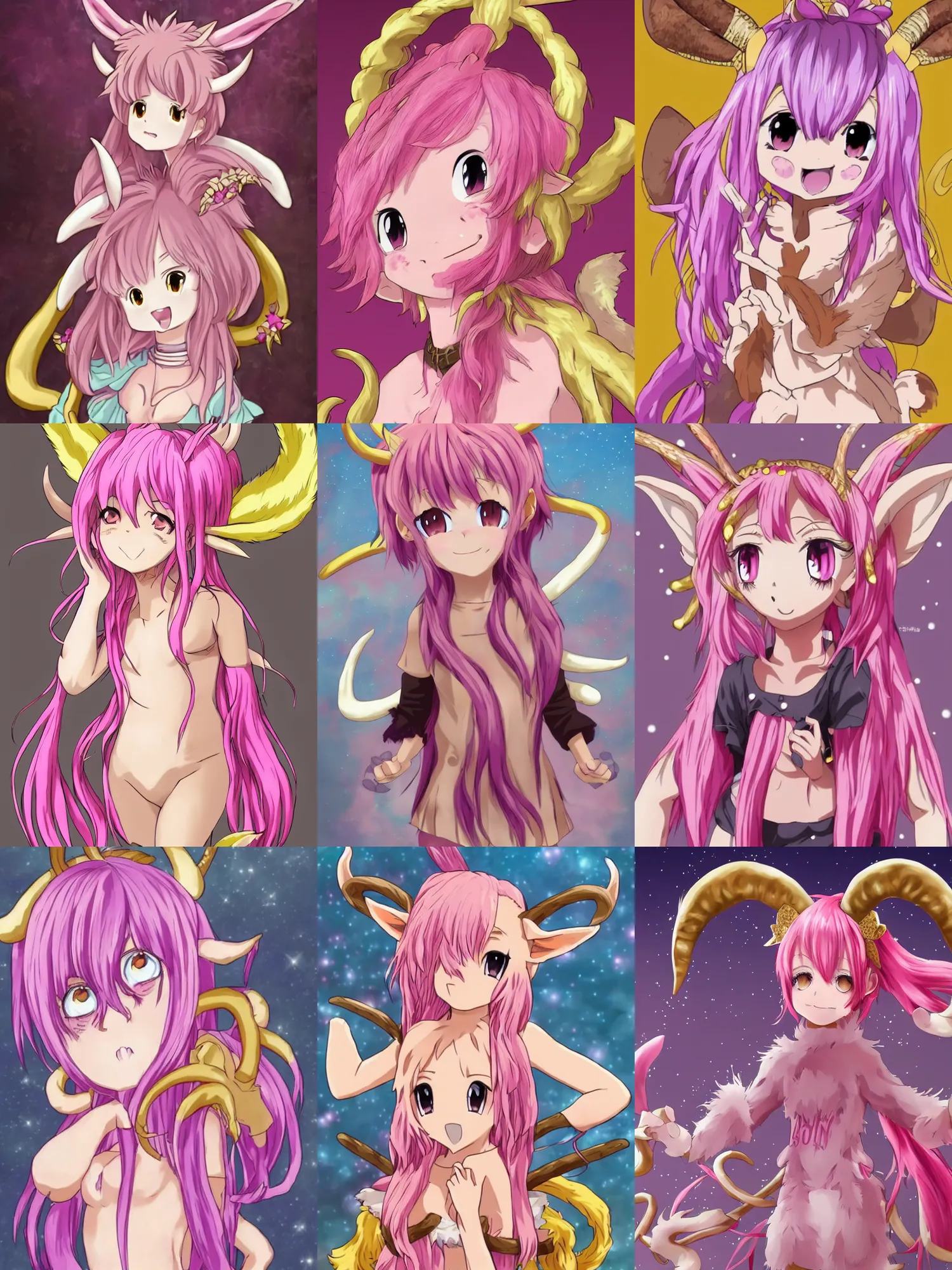 Prompt: Anime key art of a cute smiling faun with pink colored hair, her gold colored horns have notches, she has brown fur and a matching fluffy tail