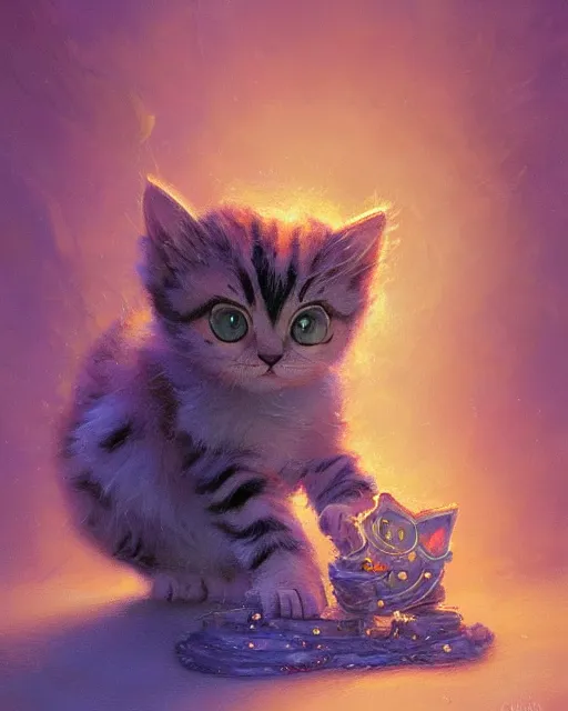 Image similar to an adorable kitten learning magic | highly detailed | very intricate | symmetrical | fantasy and whimsical and magical | soft cinematic lighting | disney pixar | award - winning | painted by donato giancola and paul lehr and ross tran | pastel color palette | featured on artstation