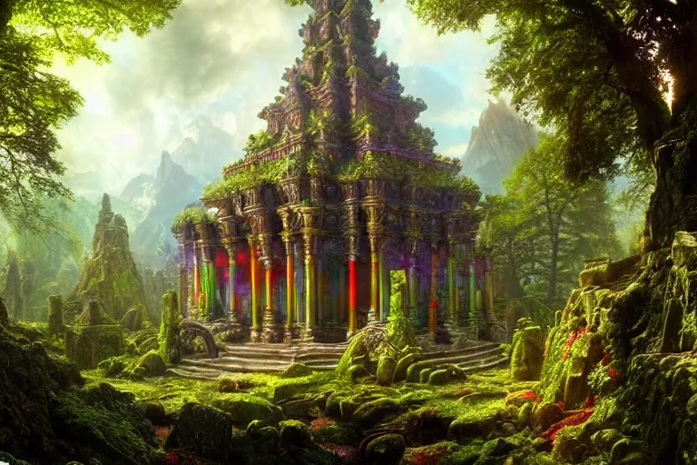 Image similar to a beautiful and highly detailed matte painting of a lost temple in a colorful garden mystical in a forest high in the mountains, psychedelic, celtic, intricate details, epic scale, insanely complex, 8 k, sharp focus, photorealism, artstation, cgsociety, by caspar friedrich, albert bierstadt, james gurney, brian froud,