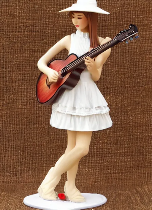 Image similar to Fine Image on the store website, eBay, Full body, 80mm resin figure of a cute girl in straw hat and white dress playing guitar, environmental light from the front