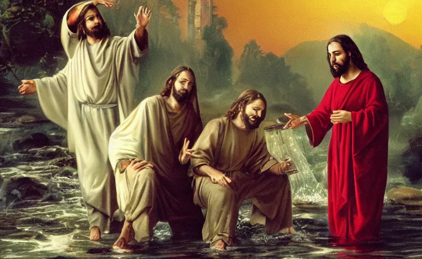 Prompt: photo of jesus christ performing miracles turning water into wine and walking on water in the year 2000