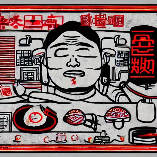 Image similar to chinese surgery operating table, in the style of daniel johnston and outsider art, 8k, line brush, overlaid with traditional chinese neon adverts