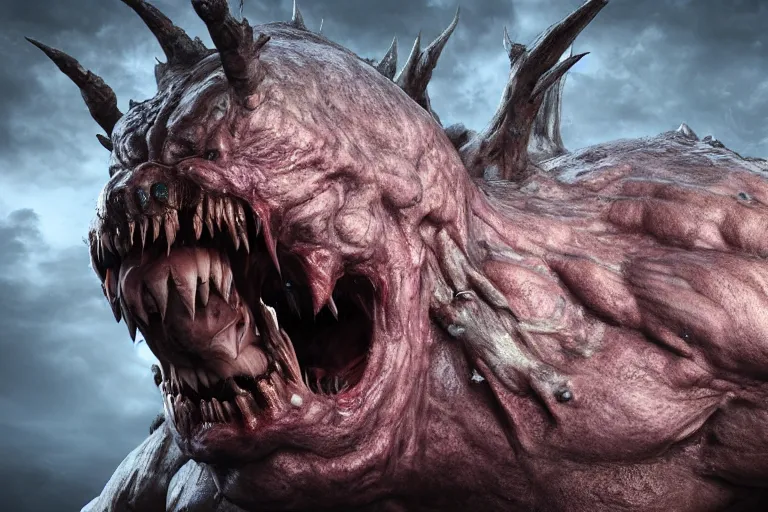 Image similar to a giant disgusting behemoth made of muscles and flesh, very angry, teeth, ambient light, terror, glows, realistic, photo-realism, hyper realism, picture, detailed, 3D render, scary, distant shot, in the distance,