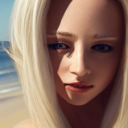 Prompt: woman with long blonde hair wearing white clothing siting on a beach, beautiful, 8k, highly detailed, photorealistic, smooth texture, octane render, cgi, artgerm, digital artwork, professional art, sakimichan, rutkowski, sharp focus, ambient lighting, depth of field, trending on artstation, perfect face, portrait, close up shot,