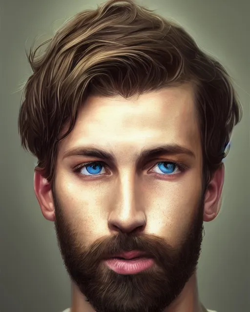 Image similar to portrait of a man in his mid - twenties with blue eyes, short dark blond hair, short beard, ultra realistic, epic, highly detailed, hd, sharp focus, cinematic lighting, realistic, dreamy, vivid colors, dreary, morose, matt painting, digital art, non blurry, sharp, artstation, concept art, smooth, illustration