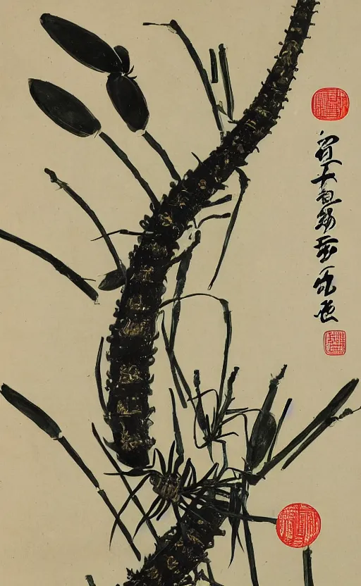 Prompt: qi baishi's chinese painting, insect and plant