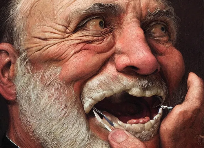 Prompt: a highly detailed grotesque portrait of a dentist, james gurney, james jean