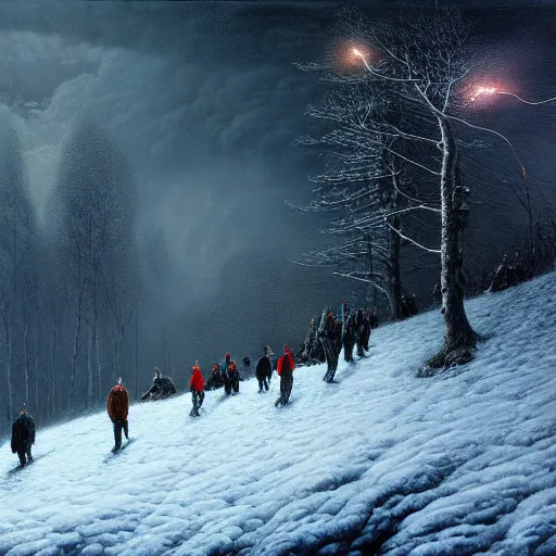 Prompt: a beautiful painting of group of climbers, extreme cold, storm, octane rendering, grim, dark, gloomy, cruel, volumetric lightning, hyperrealism, no blur, 4 k resolution, ultra detailed, style of john atkinson grimshaw, ivan shishkin, tyler edlin, scott listfield, eric zener