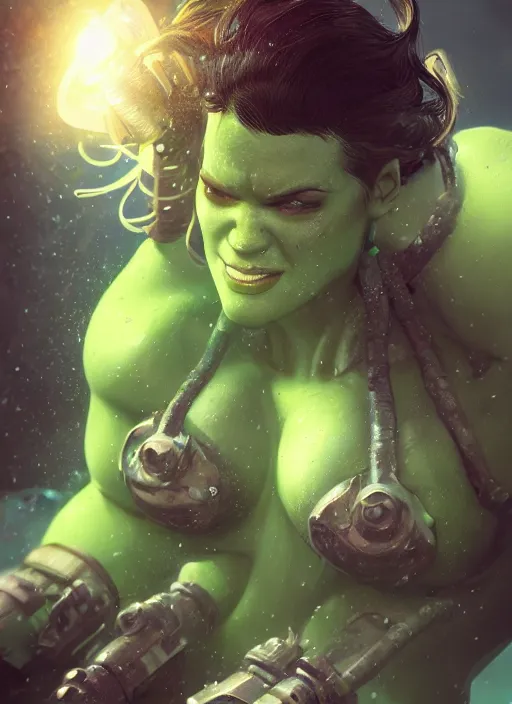 Prompt: underwater portrait of shehulk as a space marine, hyper detailed, digital art, cinematic lighting, studio quality, smooth render, unreal engine 5, octane rendered, art style by klimt and nixeu and ian sprigger and wlop and krenz cushart.