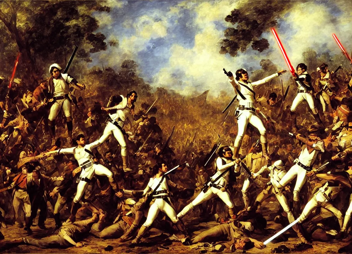 Image similar to liberty leading the people, french revolution, eugene delacroix, jedi, lightsaber, ewoks, at - st, tie - fighter, endor forest, oil on canvas