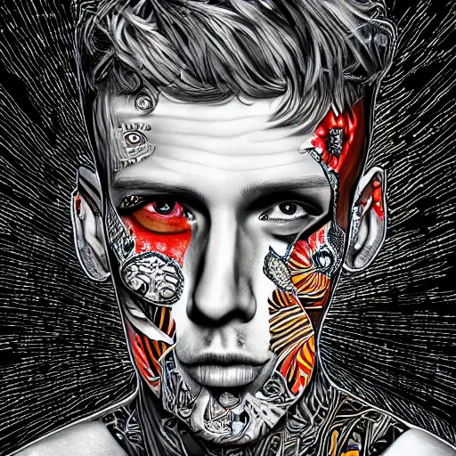 Image similar to an extremely psychedelic portrait of mgk, surreal, lsd, face, detailed, intricate, elegant, lithe, highly detailed, digital oth, sharp focus, illustration,