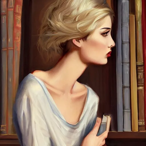 Prompt: romantic painting of stoic blonde emotionless brilliant tomboy butch woman with very short slicked - back hair, standing beside taller elegant beautiful femme goth brunette woman in library, in love, dreamy, rutkowski, romantic, artstation, artgerm